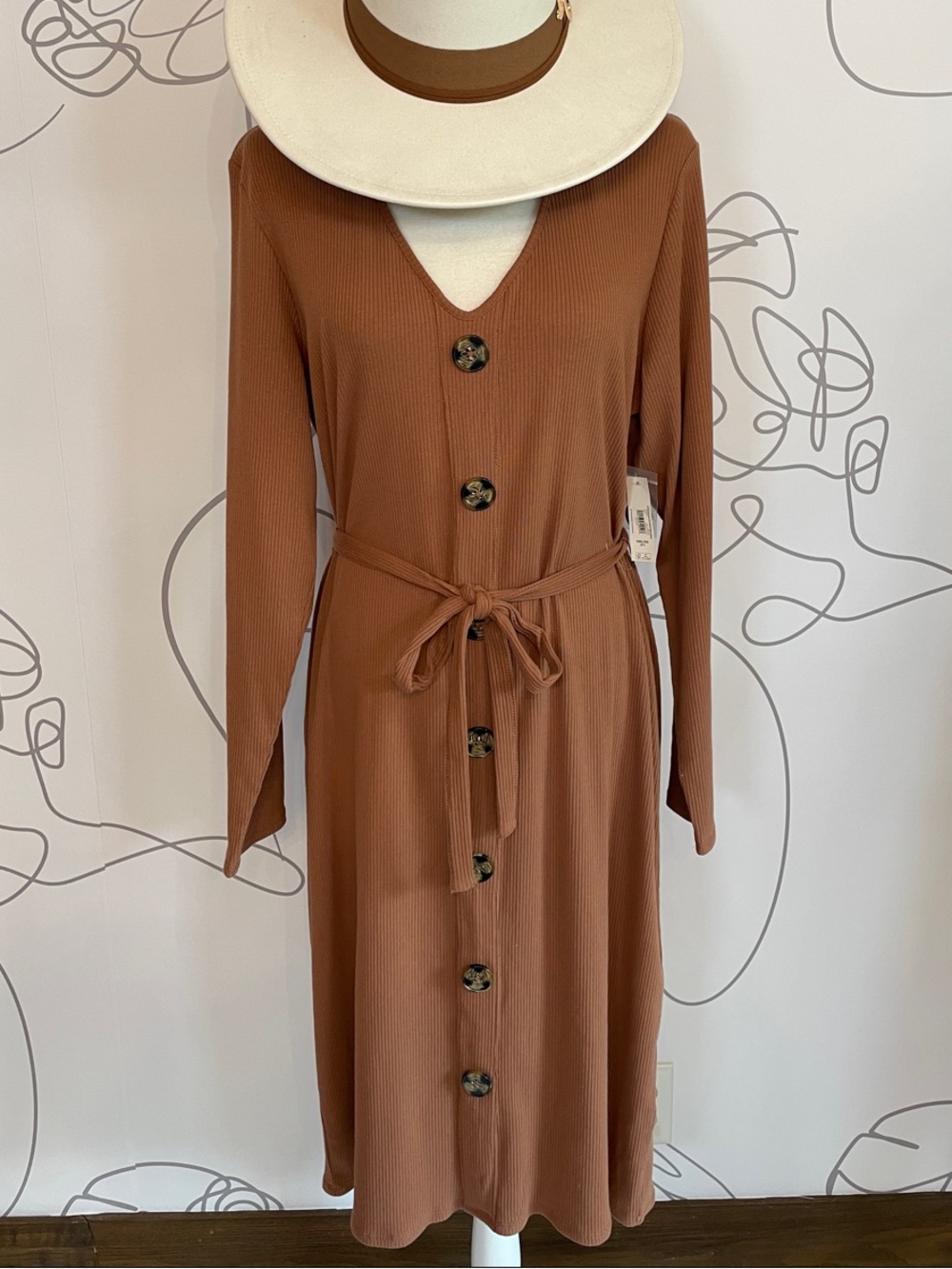No Boundaries Long Sleeve Button-Front Ribbed Knit Dress in Warm Brown size 3X
